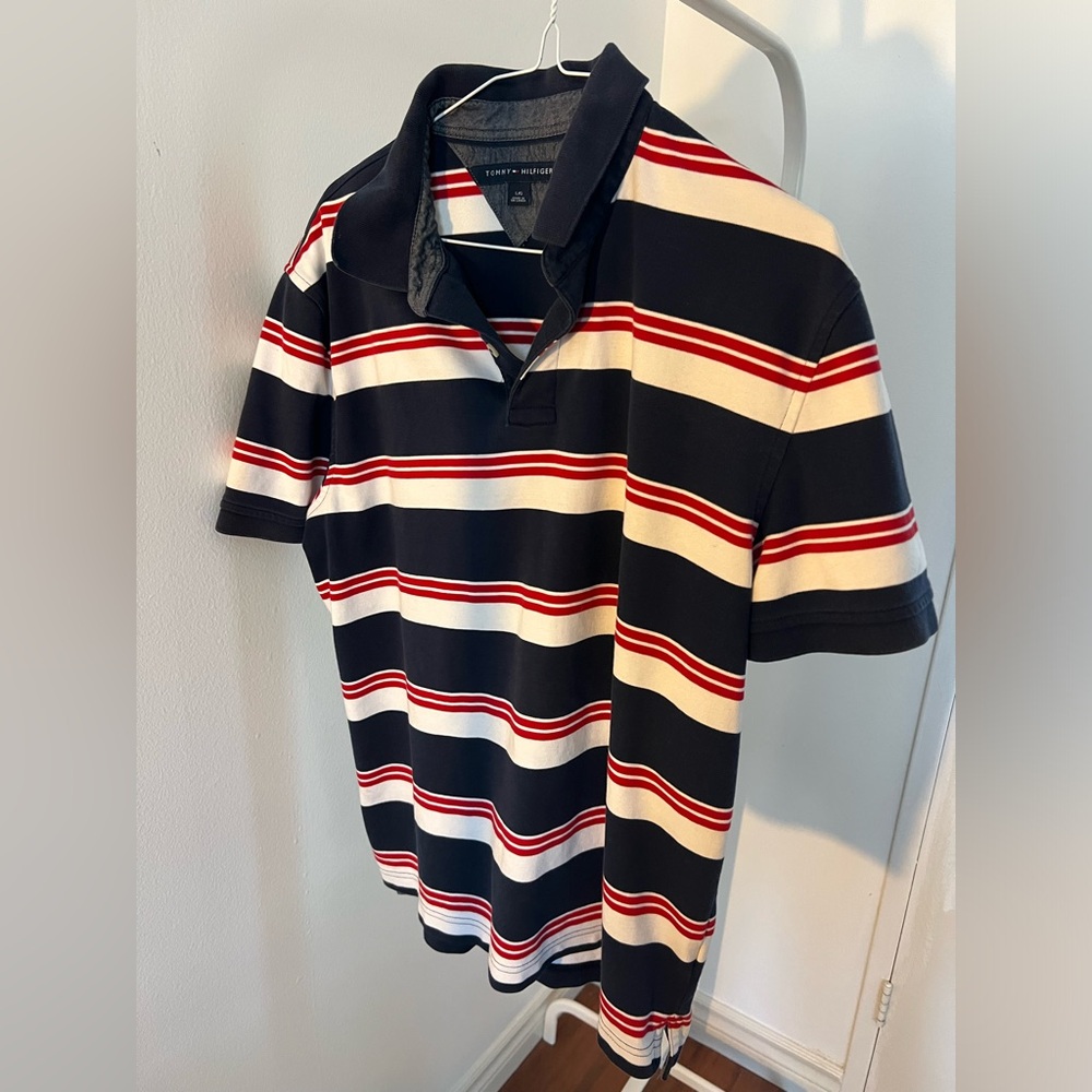 Tommy Hilfiger Navy, White, and Red Striped Polo Shirt
